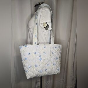 Floral Quilted Tote Bag - Blue and White